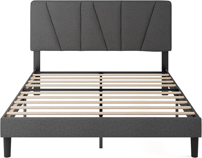 ZINUS Queen Maya Upholstered Bed Frame with Asymmetric Headboard, Durable Wooden Slats, Sturdy Framework, Noise Free Sleep, No Box Spring Needed, Easy Assembly, Eco Friendly Packaging, Dark Grey