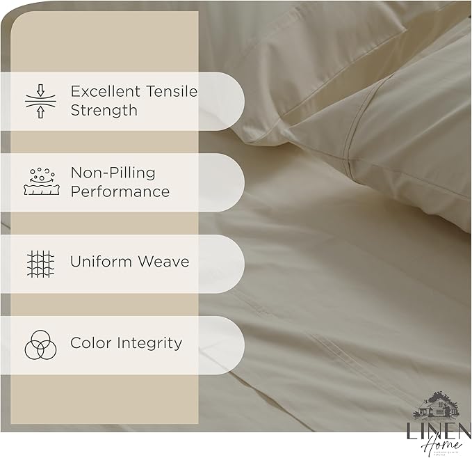 Linen Home 100% Cotton Percale Sheets King Size, Light Taupe, Deep Pocket, 4 Pieces Set - 1 Flat, 1 Deep Pocket Fitted Sheet and 2 Pillowcases, Crisp Cool and Strong Bed Linen