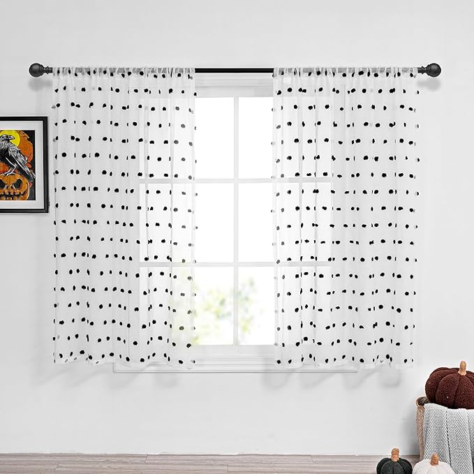 MYSKY HOME Black Pom Pom Curtains Halloween Nursery Curtains for Girls Bedroom 63 Inch Length Long Window White Sheer Curtains for Kids Room Rod Pocket Farmhouse Window Drapes 2 Sets 52" x 63"