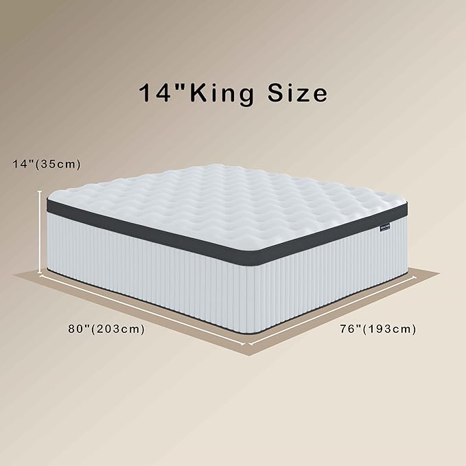 King Mattress, 14 Inch Innerspring Hybrid Mattress in a Box with Gel Memory Foam, Individually Wrapped Encased Coil Pocket Spring Mattresses, Pressure Relief, Medium Firm Support,76"*80"*14"