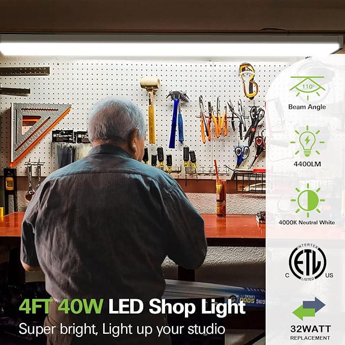 hykolity 4FT LED Wraparound Light, 40W, 4400lm, 4000K, [2-lamp 32W Fluorescent Equiv.], 4 Foot LED Wrap Light Fixture, Flush Mount Office Ceiling Light for Garage, Office, Kitchen, ETL Listed