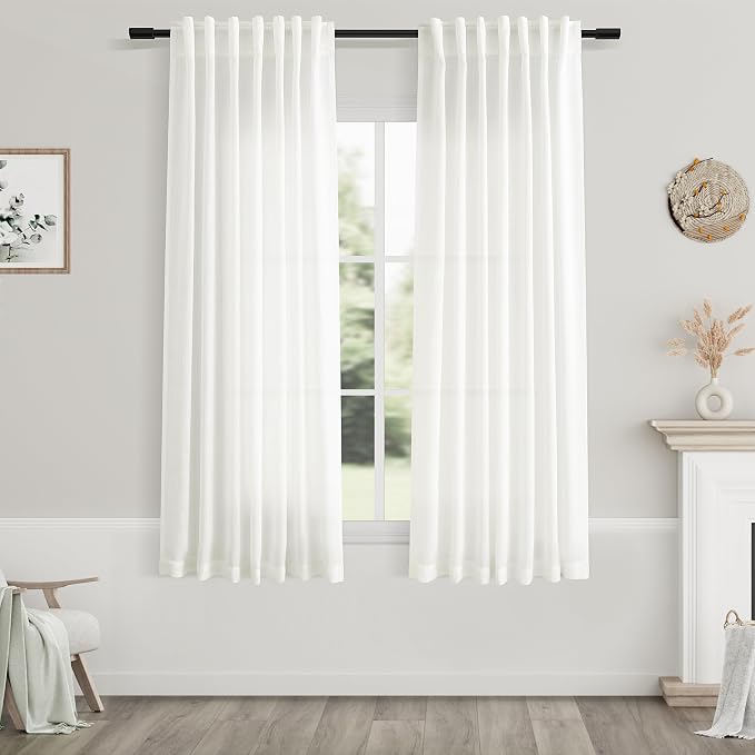 Ivory Linen Curtains 63 Inches Length 2 Panels Set by Nanspring