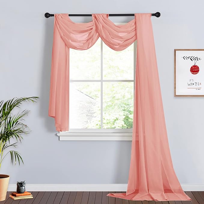 RYB HOME Long Sheer Curtains Scarf for Wedding Canopy Bed Kids Room Birthday Party Backdrop Outdoor Indoor Decor Long Scarf Windows Valance, 60 x 216 in per Panel, 1 Pair, Peach