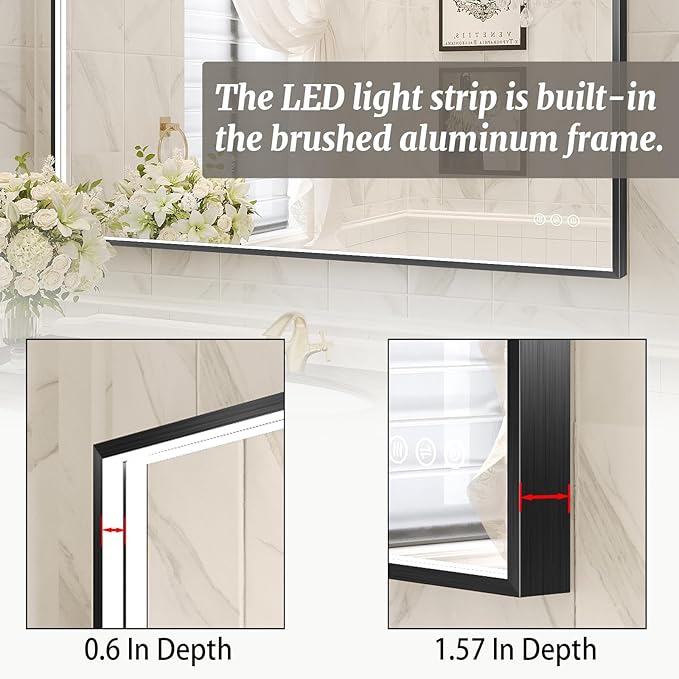 30x36 Inch LED Bathroom Mirror, Black Metal Framed Lighted Mirror for Bathroom, Wall Mouted LED Vanity Mirror with Lights, 3 Colors and Stepless Dimmable, Anti-Fog, Memory