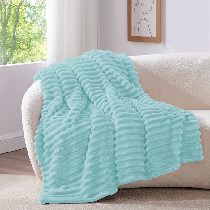 BEDELITE Striped Fleece Throw Blanket, Cloud Blue, Soft Cozy, Lightweight Warm - Image 2