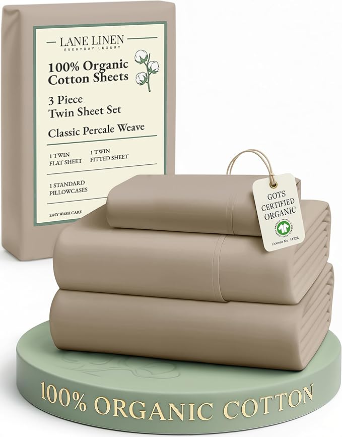 LANE LINEN 100% Organic Cotton Sheets Set Pure Long- Staple Percale Weave - Bedding for Bed Fits Mattress Upto 15in Deep Pocket (Twin Taupe)