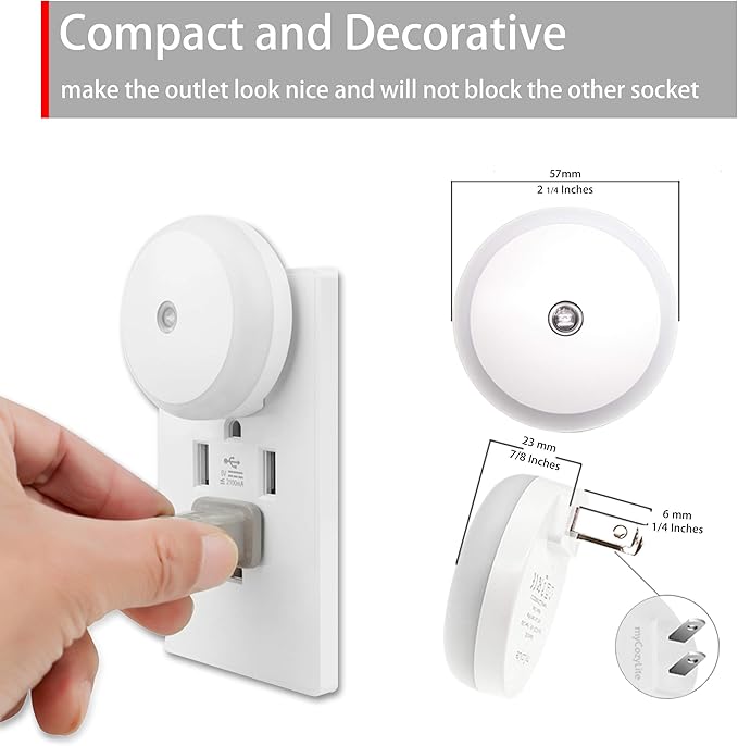 myCozyLite LED Night Light Plug in, Dusk to Dawn Sensor, Auto Dim, Energy Saving, Cool White, Nightlight Plug into Wall for Bathroom, Hallway, Kitchen, Stairway, Round, 2 Pack