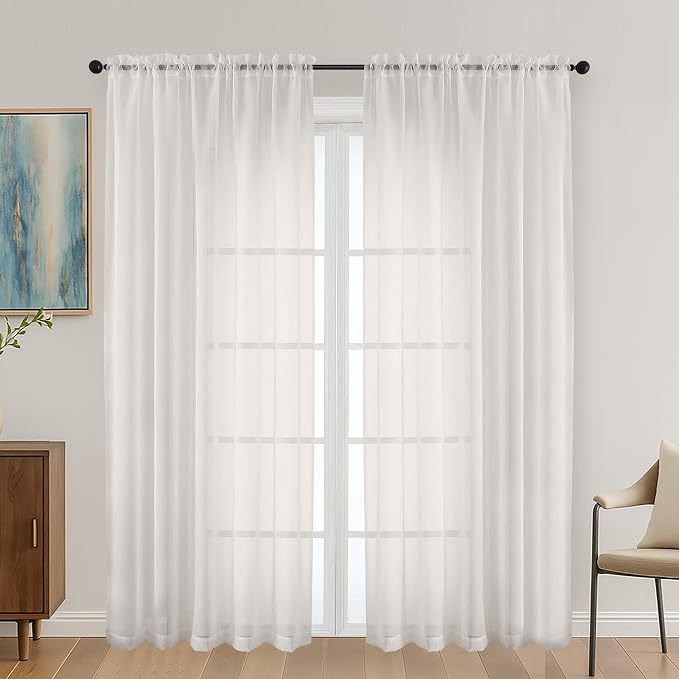 Ivory Sheer Curtains 72 Inches Long 2 Panels Set, Light Filtering Sheer Curtains by OVZME