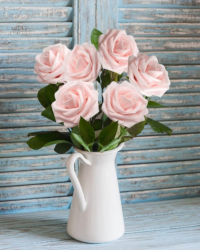 JOYLEX Artificial Flowers Realistic Roses, 25pcs Real Looking Fake Roses with Stem for DIY Wedding Bouquets Centerpieces Bridal Shower Party Home Romantic Decorations (25pcs, Light Pink)