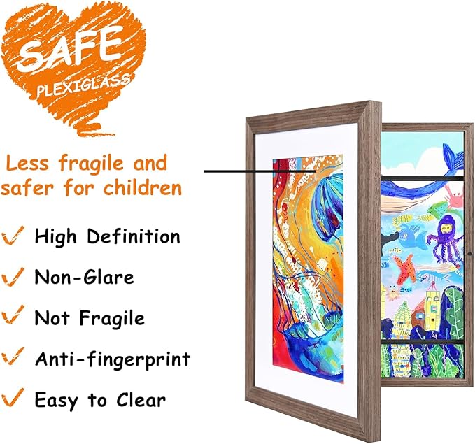 KINLINK 9x12 Kids Art Frames Set of 2, Solid Wood Kids Artwork Frames Changeable with Acrylic Front Opening Holds 150 Pictures, Art Frame for Kids Artwork with Mat or without Mat, Brown Wood