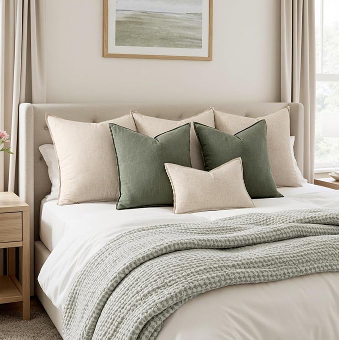 MIULEE Decorative Linen Euro Sham Pillow Covers 24x24 Inch Olive Green | Boho - Image 4
