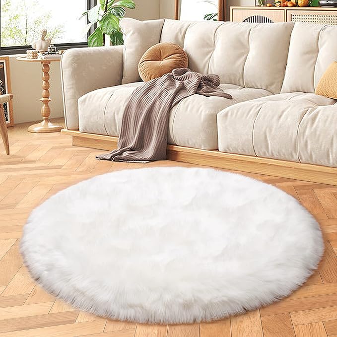 SERISSA 3x3 Fluffy White Round Faux Fur Area Rug - Image 6