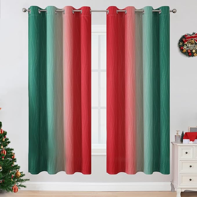 Red and Green Ombre Blackout Curtains 52Wx72L 2 Panels | Ombre Christmas - Image 2