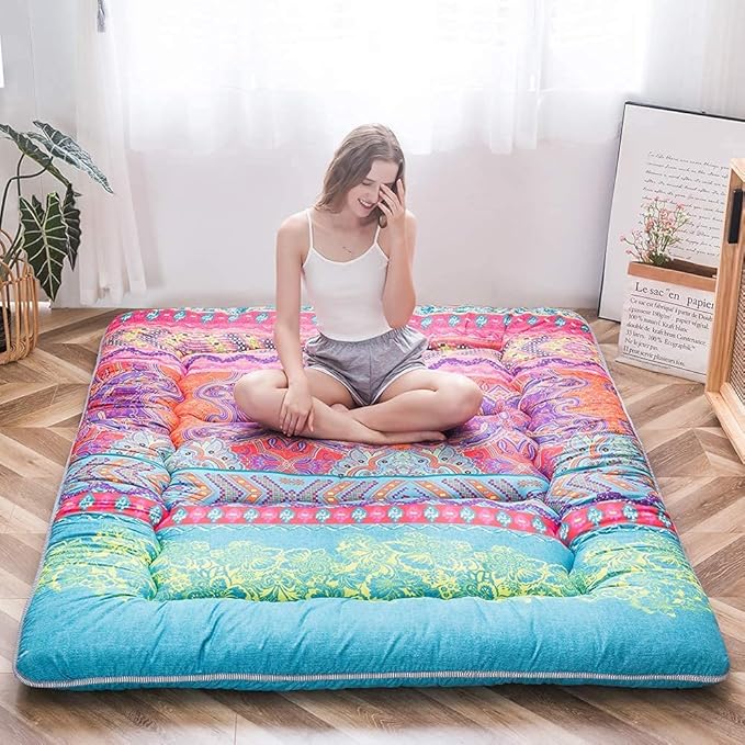MAXYOYO Bohemian Retro Mattress Boho Floral Style Japanese Futon Mattress Tatami Floor Mat Foldable Lounger Portable Camping Sleeping Pad Couch Bed Twin Size