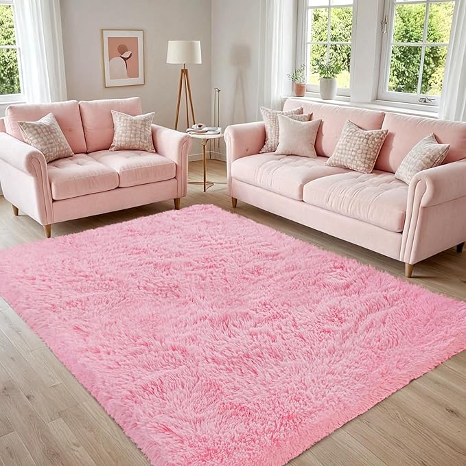 4x6 Fluffy Shag Area Rugs for Living Room Bedroom: Soft Carpet Light Pink | by CarpetAddColortoYourLife