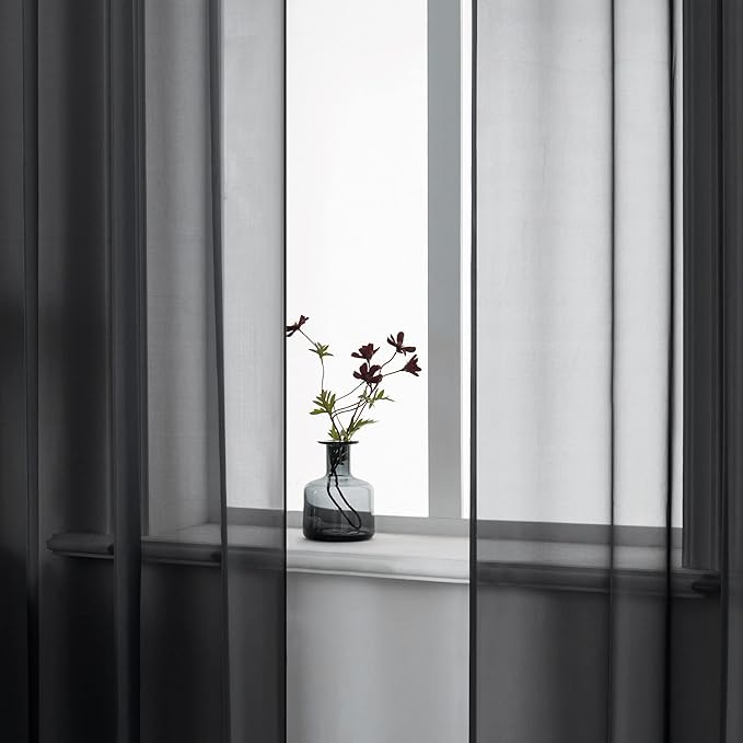 DUALIFE 96 Inches Length Curtains for Living Room Set of 2 Panels Grommet Look Semi Transparent Thin Black Sheer Curtains for Bedroom Backdrop (52" W x 96" L, Black)