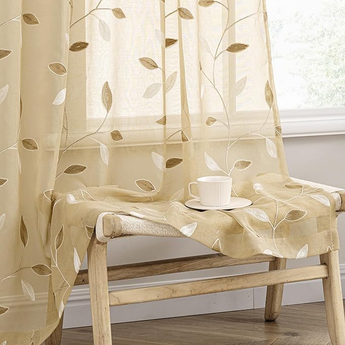 MIULEE Beige Sheer Curtains 2 Panels Embroidered Leaf Patterned, W52 x L63 | by MIULEE