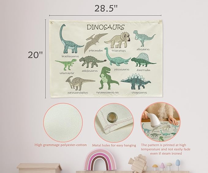 Dinosaurs Themed Rectangular Canvas Banner Flag Wall Sign Art Gift for Nursery Classroom Above Crib Bedroom Playroom Reading Room Wall Decor Baby Shower Kids Teen Birthday Christmas Gift