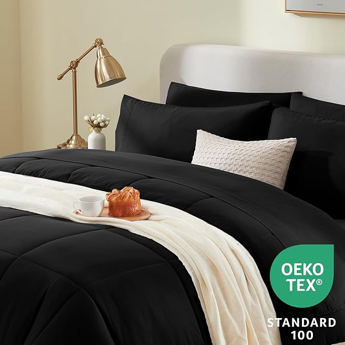 CozyLux California King Comforter Sets Black, 7 Pieces Cal King Bed in a Bag, All Season Bedding Sets with Stitch Quilted Comforter, Flat Sheet, Fitted Sheet, Pillowcases