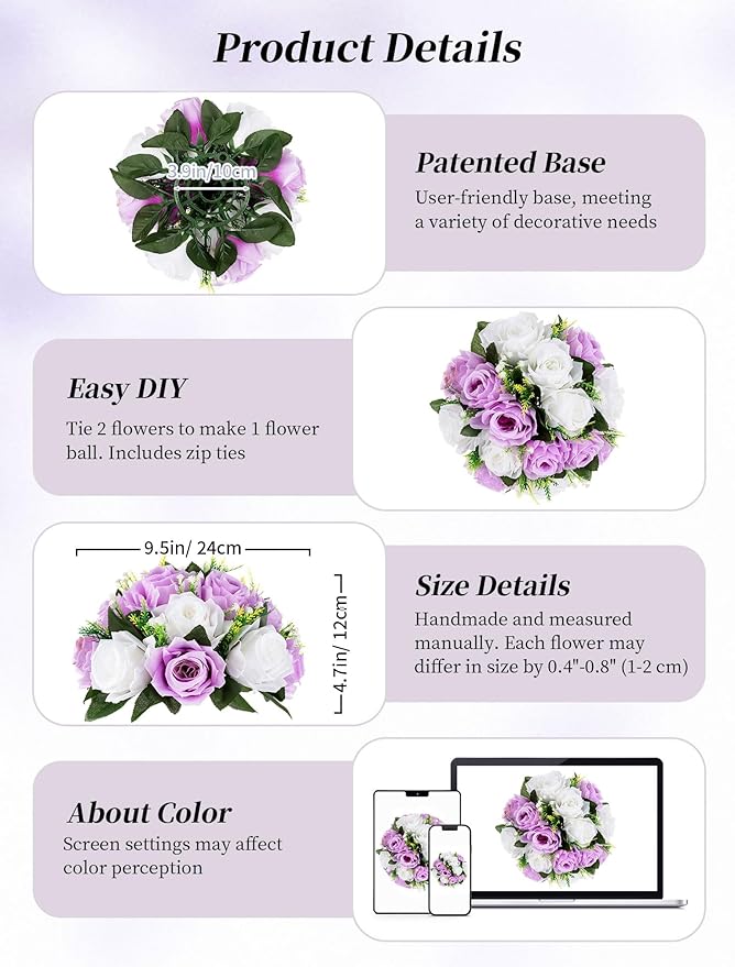BLOSMON Lilac Flowers Balls for Centerpieces: 10 Pcs Purple White Fake Roses Flower for Wedding Table - Artificial Silk Kissing Bouquet Floral Arrangement Center for Home Party Event Decor