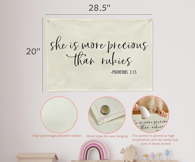 Christian Bible Verse Scripture Rectangular Banner Flag Wall Sign Decor Gift for Baby Girl Women-Nursery Baby Room Bedroom Decor-Baby,Shower Birthday Christmas Gift-She Is More Precious Than Rubies