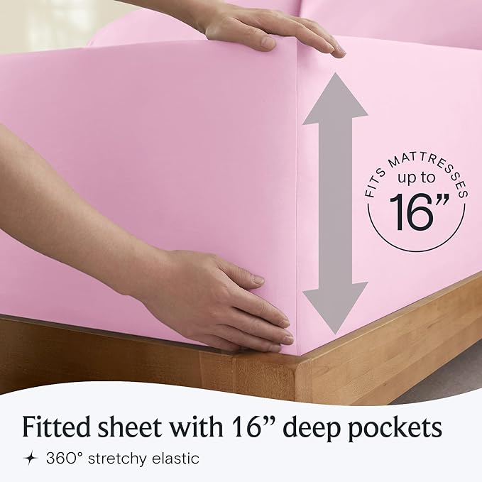 LuxClub 4 PC Sheet Set Bed Sheets Deep Pockets 16" Eco Friendly Wrinkle Free Cooling Machine Washable Hotel Bedding Silky Soft - Powder Pink Queen