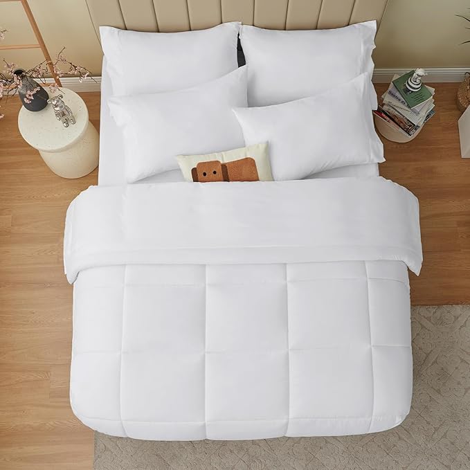 CozyLux King Size Comforter Set White, 7 Pieces Bed in a Bag, White Comforter King Size, All Season Bedding Sets with Stitch Quilted Comforter, Flat Sheet, Fitted Sheet, Pillowcases