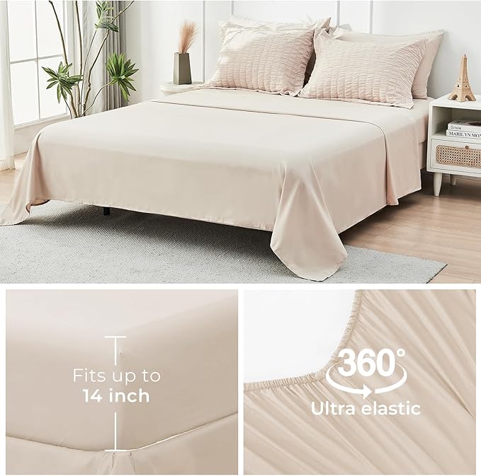 HYMOKEGE Beige King Size Comforter Set Seersucker 7 Pieces, All Season Luxury Bed in a Bag for Bedroom, Bedding Set with Comforters, Sheets, Pillowcases & Shams