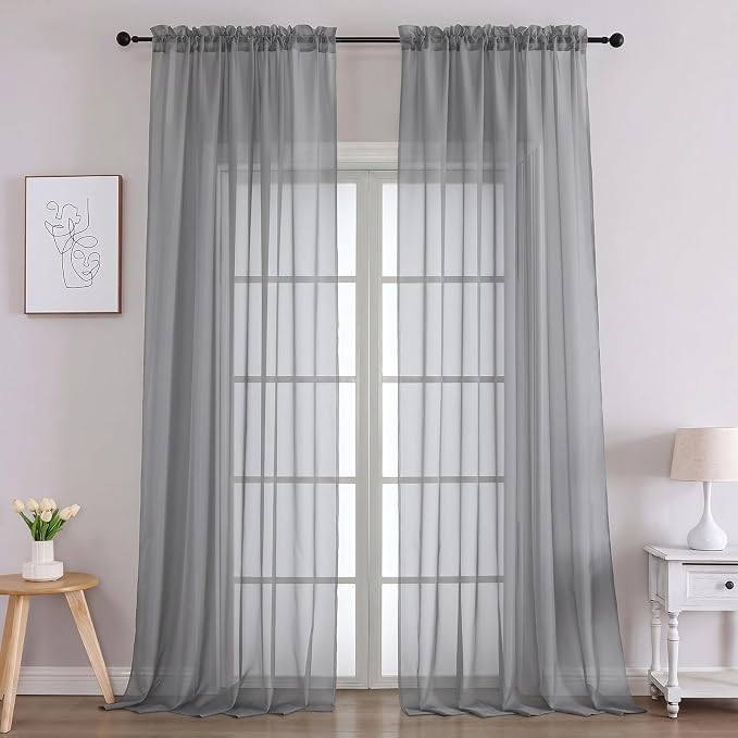 Sheer Charcoal Grey Curtains 108 Inches Long 2 Panels Set, 59 Inch Extra Wide by OVZME