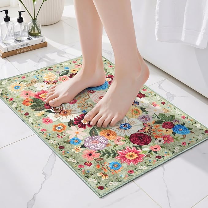 Green Floral Entry Rug Small Door Mat 24x17 Inch by WelcometoBabovid