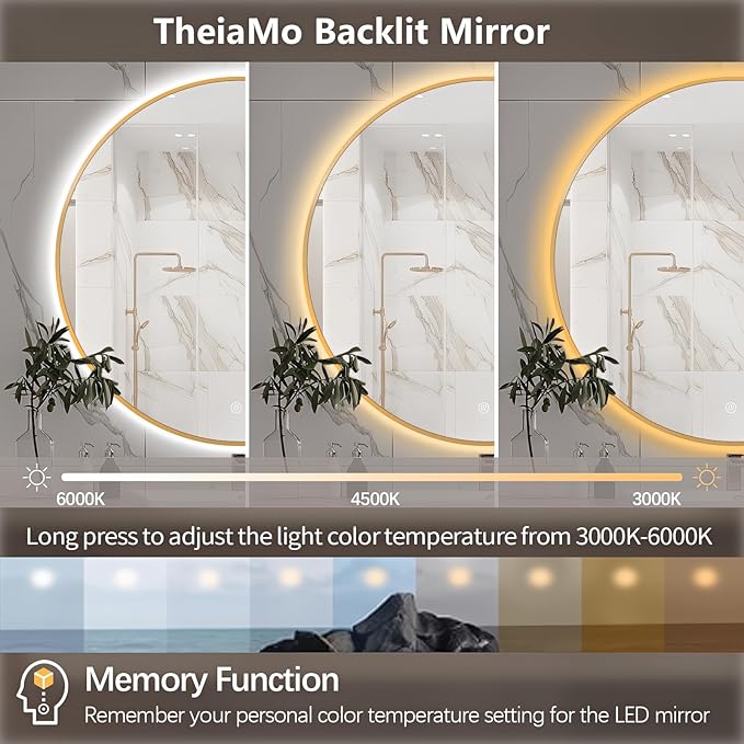 36" Round LED Bathroom Mirror, Wall Mounted Round Backlit Mirror LED Bathroom Vanity Mirror with Lights Fog Free Circle Lighted Mirror with Gold Frame, Smart Light up Mirror 3-Color