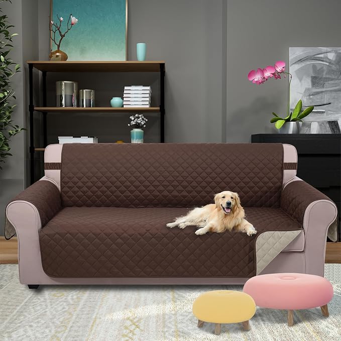 U-NICE HOME 4 Seater Sofa Cover 91''Large Couch Cover, Coffee/Beige | Washable - Image 2
