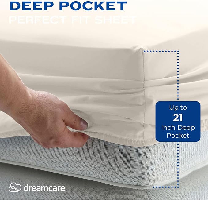 DREAMCARE Queen Sheet Set – 4 pcs Cooling Sheets – up to 21” Extra Deep Pocket Queen Sheets – Hotel Luxury Sheets & Pillowcases – Superior Softness 100% Fine Microfiber with Side Pocket – Ivory
