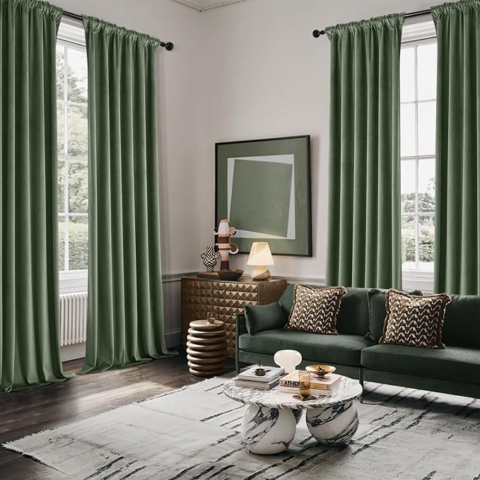 MIULEE Velvet Curtains 50W x 96L 2 Panels Olive Green Blackout Curtains | - Image 5