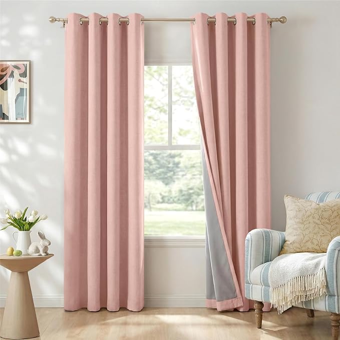 100% Blackout Linen Textured Curtains 108 Inch Long, Blush Pink | 100% Blackout by 100BlackoutShield