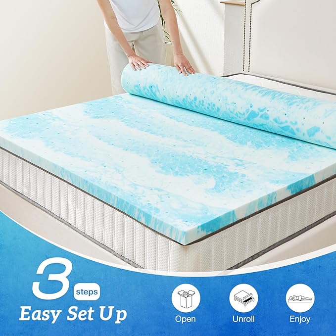 Sweetcrispy Mattress Topper King, 3 Inch Thick Memory Foam Gel Infused Cooling Toppers Pad for King Size Bed, Sleeper Sofa, RV, Camper, CertiPUR US Certified, Ventilated and Breathable