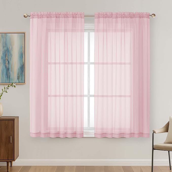 Blush Pink Sheer Curtains 63 Inches Long 2 Panels Set, Light Filtering Sheer by OVZME