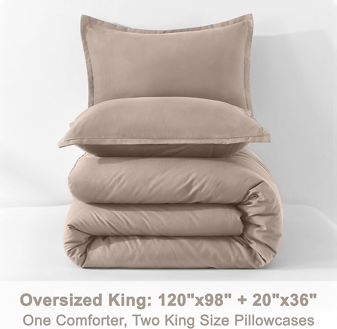 Litanika Light Coffee Comforters Oversized King Size, 3 Pieces Lightweight Solid Bedding Comforter Set, All Season Fluffy Bed Set (120x98In Comforter & 2 Pillowcases)