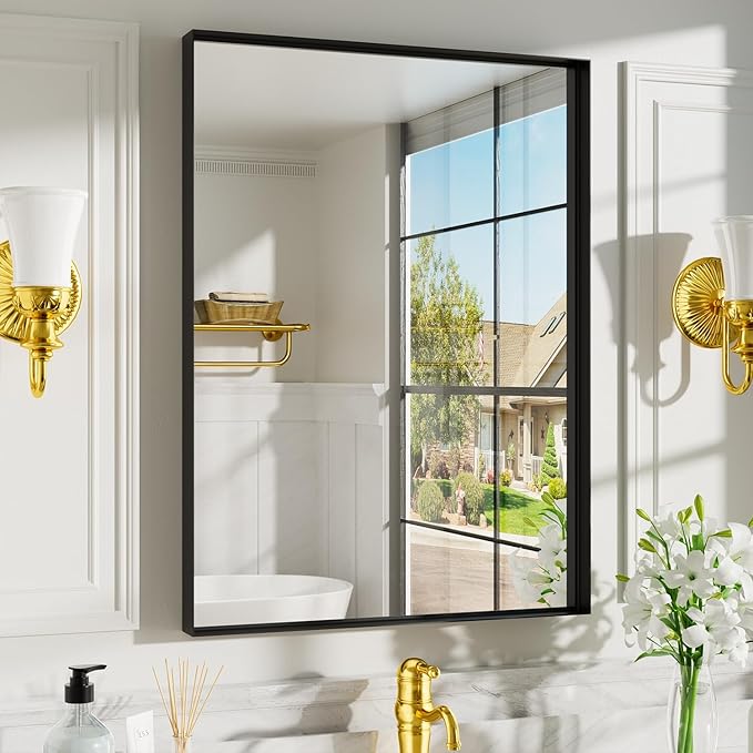 Black Vanity Wall Mirror, 22x 30 Inch Rectangular Bathroom Mirrors for Over Sink, Aluminum Metal Framed Mirror, Tempered Glass, Anti-Rust, Wall Farmhouse Mirrors (Horizontal/Vertical)