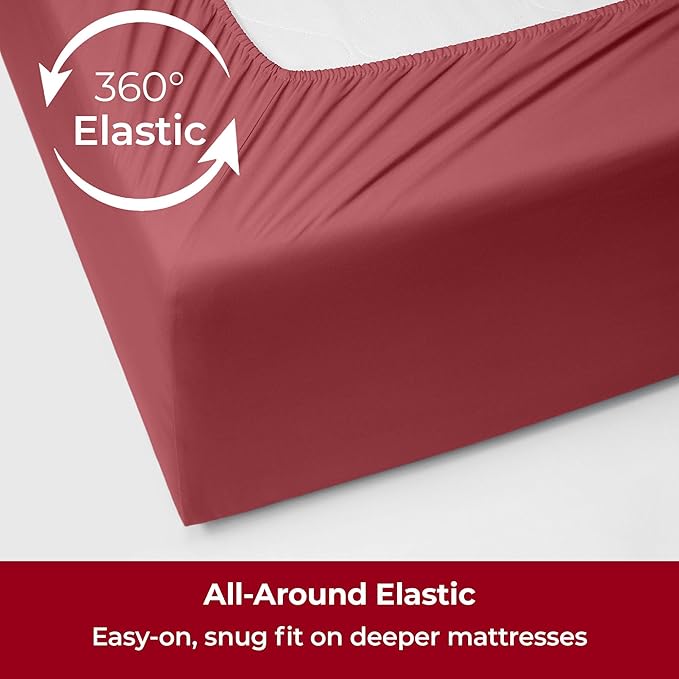 Mellanni Extra Deep Split King Sheets - 5 PC Iconic Collection Bedding - Hotel Luxury, Ultra Soft, Cooling Bed Sheets - Wrinkle, Fade, Stain Resistant (Split King, Brick Red)
