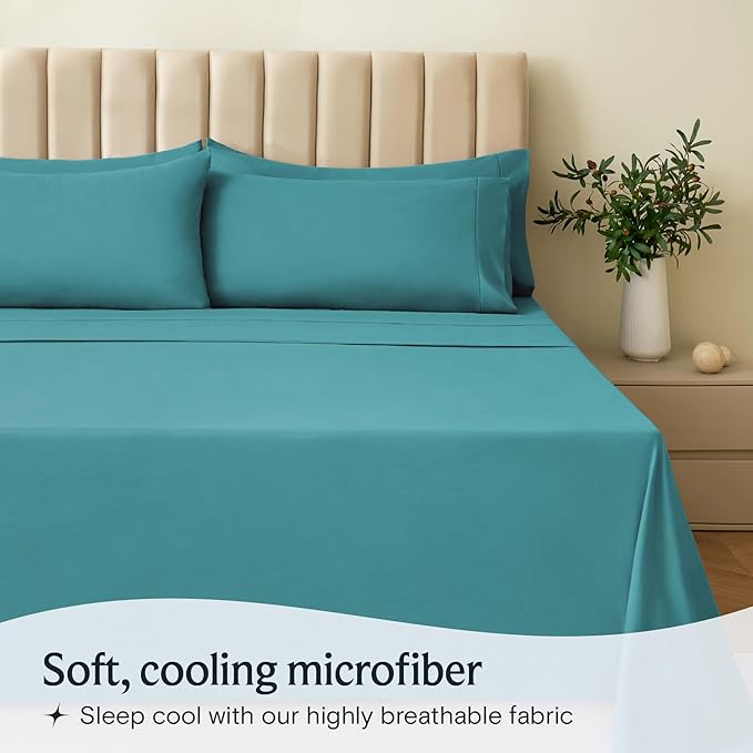 LuxClub 4 PC Queen Sheet Set, Deep Pockets Wrinkle Free Cooling Bed Sheets Hotel Bedding for Women, Men, Kids & Teens, Includes 1 Fitted Sheet, 1 Flat Sheet and 2 Pillowcases - Silky Soft Teal