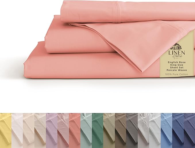 Linen Home 100% Cotton Percale Sheets King Size, English Rose, Deep Pocket, 4 Pieces Set - 1 Flat, 1 Deep Pocket Fitted Sheet and 2 Pillowcases, Crisp Cool and Strong Bed Linen