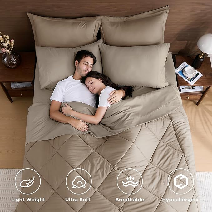 HEVUMYI Khaki & Linen Twin-XL Comforter Set - 5-Piece All Season Bed in a Bag Twin-XL, Ultra Soft Bedding Set with Comforter, Flat Sheet, Fitted Sheet, Pillowcases, Pillow Shams