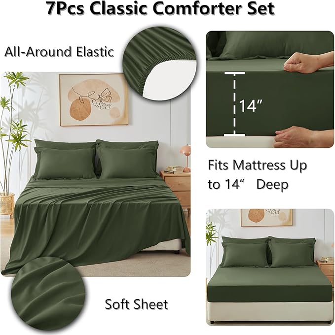 CozyLux Queen Comforter Set Olive Green - Bed in a Bag Queen Size 7 Pieces, Luxury Soft Bed Set for All Seasons, Bedding Set with Down Alternative Comforter, Sheets, Pillowcases & Shams