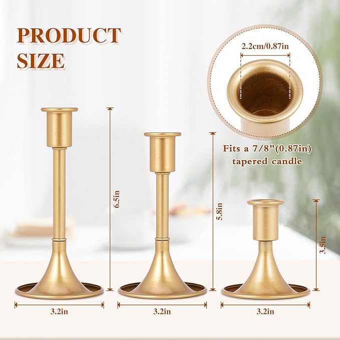 Vintage Gold Taper Candle Holders Set of 6 with Anti-Slip Pad Small Low Metal Candles Brass Gold Candlestick Holder for Table Centerpiece,Weddings, Christmas,Dinners Parties 3 Sizes Candle Holder