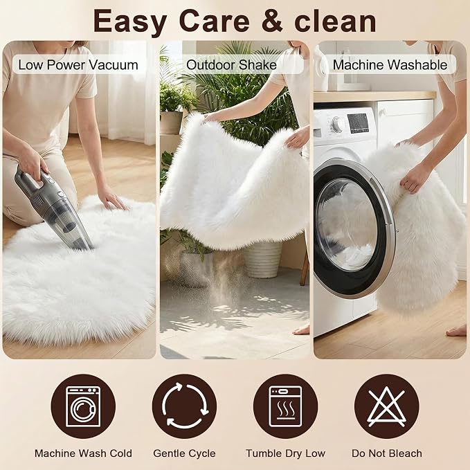 duduta White Faux Fur Sheepskin Round Rug 4x4 ft, Fluffy Shag Circle Rug | Shag - Image 4