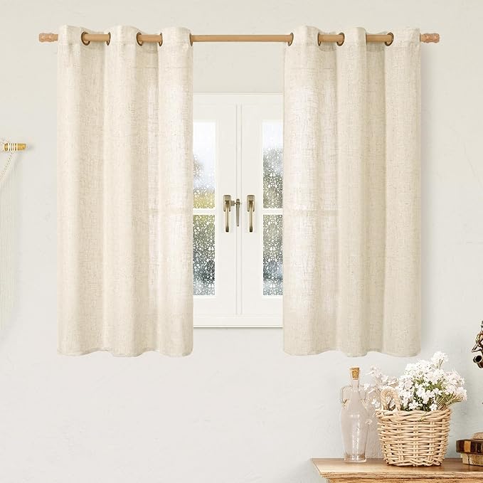 Beige Linen Semi Sheer Curtains 45 Inch Length 2 Panels Set | Light Filtering by LAMIT