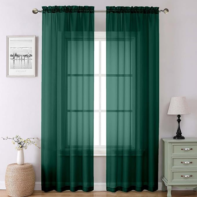 Hunter Green Sheer Curtains 90 Inches Long 2 Panels, Airy Voile Solid Curtains by Lecloud