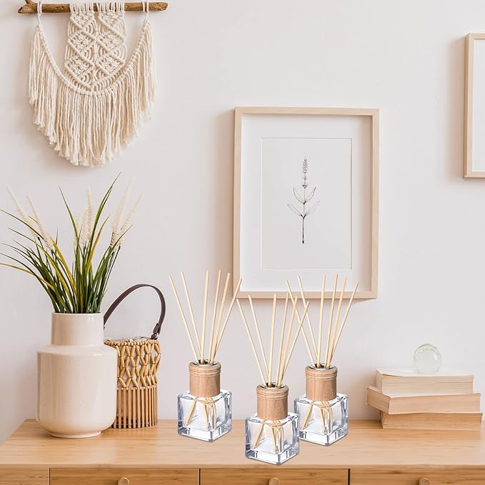 Roshtia 10 Set Reed Diffuser Bottle Empty Refillable Fragrance Glass Diffuser Bottles with Wooden Caps Rattan Sticks 50ml 1.7 oz Square Glass Jars for DIY Fragrance