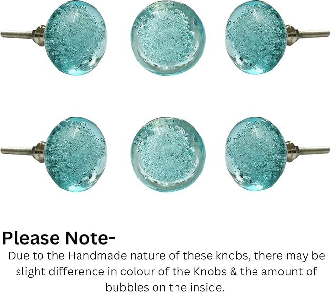 Perilla Home Set of 6 Crystal Bubble Knobs - Modern Light Blue Decorative Bubble Glass Pulls - for Home Decor Drawers, Knobs, Kitchen, Cabinet, Hardware, Cupboard, Door, Dresser, Wardrobe and Drawer